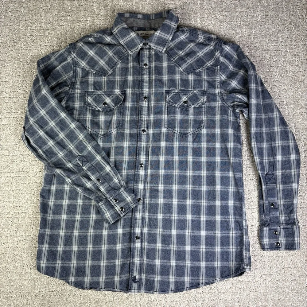 Cody James Mens Medium Pearl Snap Western Shirt Blue Plaid Long Sleeve Cowboy